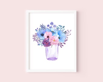 Blue Pink And Purple Flowers In Jar Wall Print, Blue And Pink Flowers In A Mason Jar Wall Art, Digital Floral Wall Art