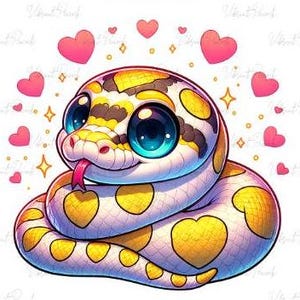 May include: A cartoon illustration of a cute, yellow and white snake with big blue eyes. The snake is curled up in a heart shape and surrounded by pink hearts.