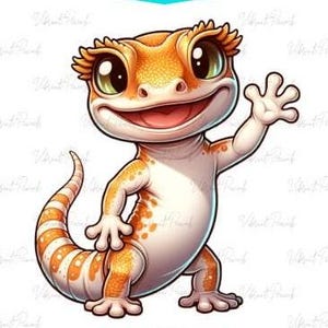 Peut inclure: Une illustration de dessin animé d'un gecko avec des marques orange et blanches. Le gecko sourit et salue de la main droite. Le gecko a de grands yeux avec des cils et une longue queue.