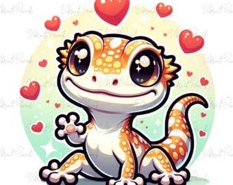 May include: A cartoon gecko with large, expressive eyes and a smiling expression. The gecko is primarily orange and white, with a spotted pattern. Red hearts float around the gecko against a soft, light green and yellow background.