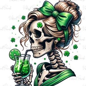 St. Patricks Day Messy Bun Skelett mit Getränk PNG, Dead innen aber glücklich PNG, St. Patty Png, Skelett Png, Messy Bun Png, Sublimation Png
