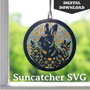 Lapin floral attrape-soleil SVG | Lapin mignon avec des fleurs Suncather Svg | Fichier numérique découpé | attrape-soleil de Pâques | Capteur de soleil printanier | Lime laser