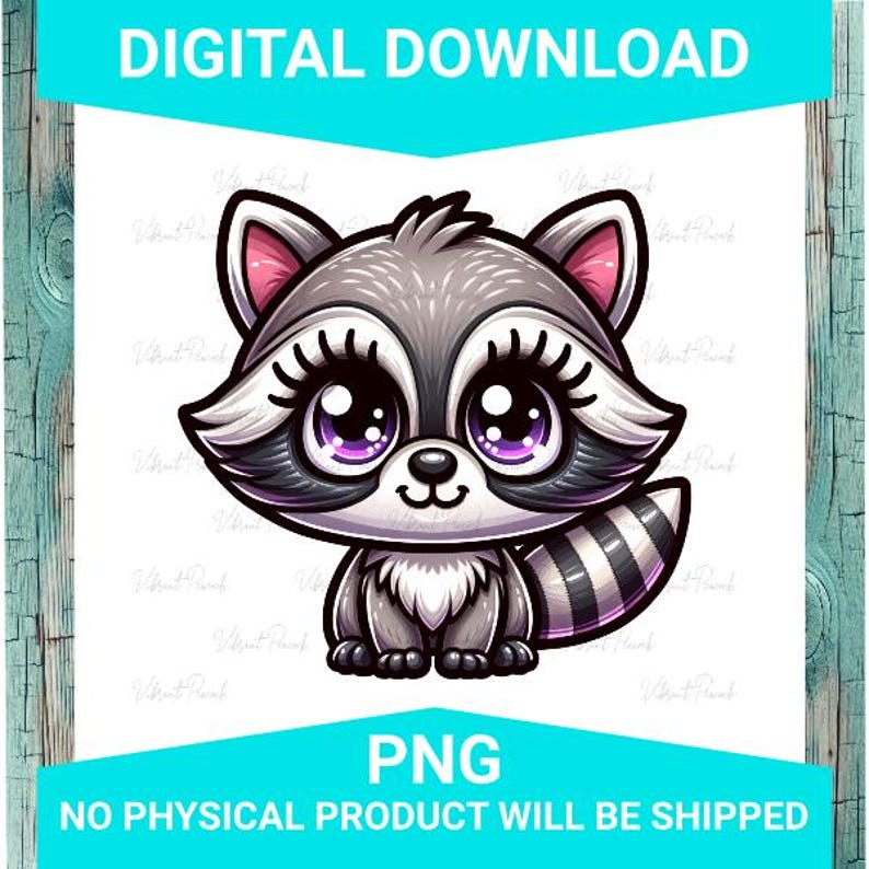 May include: A digital download graphic featuring a cartoon raccoon with large, purple-eyed, and a striped tail. The raccoon is gray, white, and black. The image includes the text "DIGITAL DOWNLOAD" and "PNG NO PHYSICAL PRODUCT WILL BE SHIPPED".