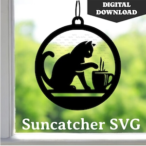 Kitty Coffee Suncatcher SVG – Laser Cut File, Cat Ornament (Digital Download)
