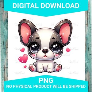 Cute Frenchie Puppy with Hearts PNG – High-Resolution Digital File for Stickers, Sublimation, Tumblers, Shirts, More - Dog - French Bulldog
