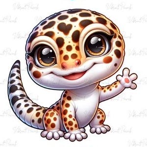 Cute Leopard Gecko Waving PNG – High-Resolution Digital File for Stickers, Sublimation, Tumblers, Shirts, and More - Lizard