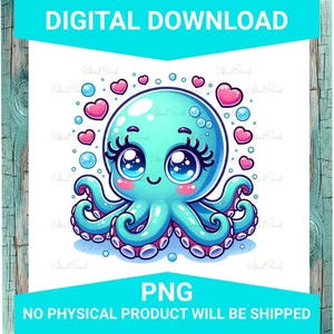 Cute Octopus with Hearts PNG – High-Resolution Digital File for Stickers, Sublimation, Tumblers, Shirts, and More