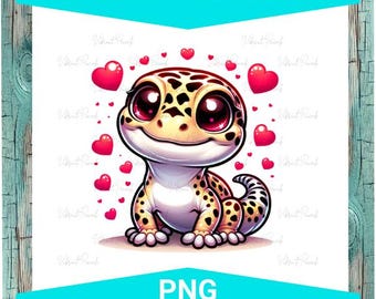 Puede incluir: Una ilustración de dibujos animados de un gecko leopardo con ojos grandes y una expresión feliz. El gecko está rodeado de pequeños corazones rojos. La imagen es una descarga digital y no se enviará ningún producto físico.