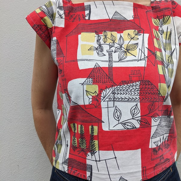 Vintage fabric top;cropped top;1950's fabric;vintage print top;retro top;repurposed top;vintage pattern top;tank top;square neck top; tank