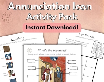 May include: A printable activity pack for kids featuring an Annunciation icon. The pack includes a matching game, a word matching activity, and a grid for drawing your own icon. The text "Then Mary said, "Behold the maidservant of the Lord! Let it be to me according to your word" And the angel departed from her." is included.