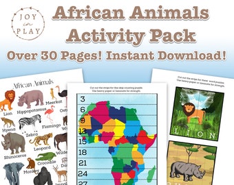 African Animals Activity Printable Pack, Busy Book, Montessori, Reading, Writing, Math, Boy Girl Kids Puzzles, Africa, Wild Animals