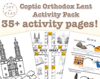 May include: A printable activity pack for Coptic Orthodox Lent. The pack includes 35+ pages of activities, including coloring pages, word searches, and mazes. The cover features a colorful illustration of a church and the text "Coptic Orthodox Lent Activity Pack 35+ activity pages!"
