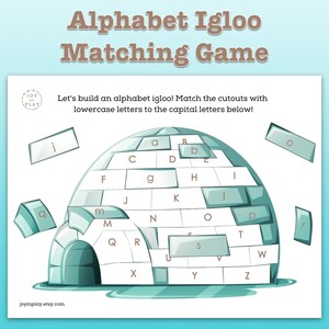 Alphabet Igloo Letter Matching Game Printable, Arctic Learning Montessori, lowercase capital letters, boy girl kids game puzzle activity