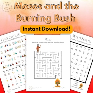 Könnte beinhalten: Ein druckbares Aktivitätsset mit dem Titel "Moses und der brennende Busch" und dem Wort "Sofort-Download!". Das Set enthält ein Labyrinth, eine Wortsuche und eine Code-Knack-Aktivität, alle mit zugehörigen Grafiken.