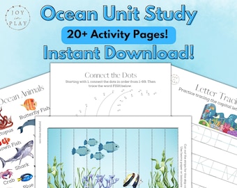 Ocean Unit Study Activity Printable Pack, Busy Book, Montessori, Reading, Writing, Math, Boy Girl Kids Puzzles, Sea Life, Under Water