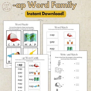 Paquete de actividades imprimibles de Word Family (-ap), palabras -ap, aprender a leer, palabras CVC, educación en el hogar