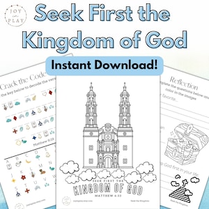 May include: A printable coloring page with a black and white illustration of a church with the text "Seek First the Kingdom of God" and the Bible verse "Matthew 6:33". The page also includes a "Crack the Code" activity and a "Reflection" activity.
