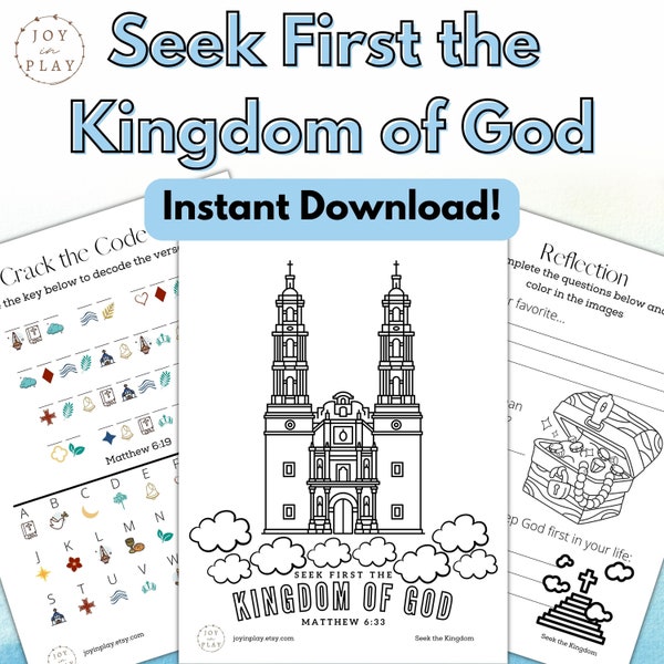 Seek First the Kingdom of God Printable Activity Pack, Bible Lesson, Christian, Word Search, Crack the Code, Sunday School, Homeschool