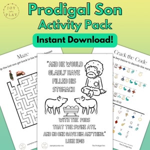 May include: A black and white printable activity pack for children featuring a maze, a colouring page with a Bible verse from Luke 15:16, and a code-cracking activity. The pack is themed around the Parable of the Prodigal Son.