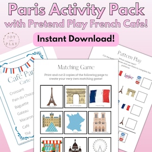 May include: A printable Paris-themed activity pack with a matching game and pattern play. The matching game features images of iconic Parisian landmarks like the Eiffel Tower, Arc de Triomphe, and Notre Dame Cathedral. The pattern play features images of the Eiffel Tower, French flag, and a stack of macarons.