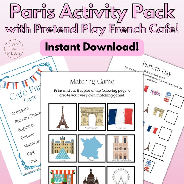 Paris Unit Study Printable Activity Pack, France, Pretend Play, Cafe, French, Eiffel Tower,  Homeschool