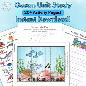 Ozean Einheit Lernaktivität druckbares Pack, beschäftigt Buch, Montessori, Lesen, Schreiben, Mathe, Junge Mädchen Kinder Puzzles, Leben im Meer, Unterwasser