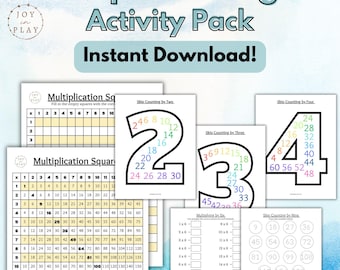 May include: A collection of printable educational worksheets for skip counting and multiplication. The worksheets feature colorful number charts and multiplication tables, with the text "Skip Counting Activity Pack" and "Instant Download!"