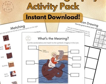 May include: A printable activity pack for kids to learn about the story of Jonah and the whale. The pack includes a matching game, a word matching activity, and a blank grid for drawing an icon. The image shows a colorful illustration of Jonah in the belly of the whale.