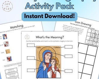 May include: A printable activity pack for kids to learn about the iconography of St. Mary. The pack includes a matching game, a word matching activity, and a grid for drawing an icon. The image shows a colorful illustration of the Virgin Mary and baby Jesus.