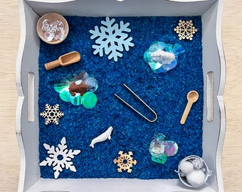 Arctic Animals Sensory Bin Kit, Blue Colored Filler, Montessori, Sensory Play, Girl Boy Kid's Christmas Gift, Preschool Activity, Wood toys