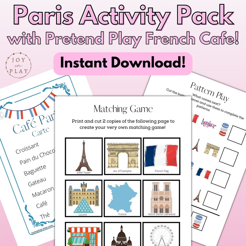 Paris Unit Study Printable Activity Pack, France, Pretend Play, Cafe, French, Eiffel Tower, Homeschool image 1