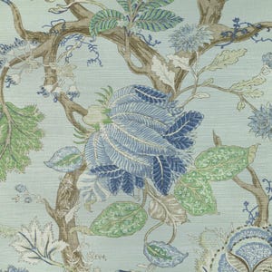 May include: A floral fabric design featuring large blue and white flowers, green leaves, and brown branches against a light blue background. The pattern has a botanical theme, with detailed illustrations of foliage.