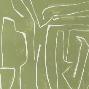 May include: A square artwork featuring a sage green background with a series of white, hand-drawn lines that create an abstract, organic pattern. The lines vary in thickness and direction, forming interconnected shapes across the entire surface.