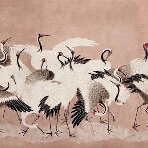 May include: A flock of white cranes with black wingtips and red crowns, depicted against a muted pink background. The birds are in various poses, some with wings spread, creating a dynamic and artistic composition.