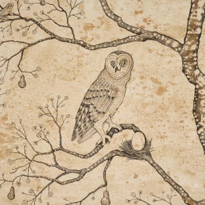 May include: A detailed ink illustration on aged parchment paper featuring a barn owl perched on a tree branch next to a small nest containing a single egg. The scene includes flowering branches, hanging pears, and a small frog in the upper corner.
