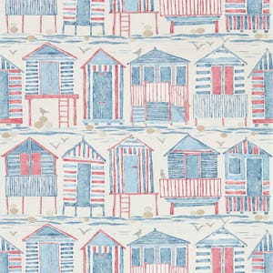 May include: A repeating pattern of colorful beach huts with red and blue stripes. The huts are on stilts and have a small ladder leading up to the door. There are small white birds flying above the huts.