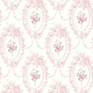 May include: A repeating pattern of pink roses and floral elements on a white background. The design features oval frames with rose bouquets, connected by swags and other floral accents, creating a vintage, romantic aesthetic.