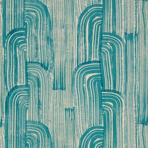 May include: Abstract teal blue and white watercolor pattern with repeating curved lines and stripes. The pattern is reminiscent of a wave or a ripple.
