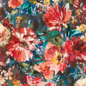 May include: A vibrant floral pattern featuring large, watercolor-style blooms in shades of red, pink, and orange against a deep blue background. Green leaves and smaller yellow flowers add contrast to the design. The overall effect is a lush, artistic botanical print.