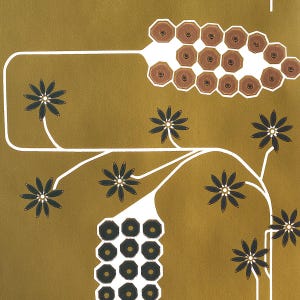 May include: Abstract art print featuring a gold background with white lines and black and white flowers. The print also features two clusters of black and white circles.