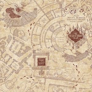 May include: A detailed map with a parchment-like appearance, featuring intricate drawings of buildings, pathways, and text. The map includes the text "The Marauders Map" and "Hogwarts". The color scheme is primarily brown and beige, with a vintage aesthetic.