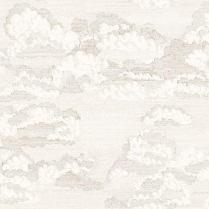 May include: A repeating pattern featuring fluffy white clouds set against a pale beige backdrop. The clouds have soft, textured edges and varying shades of white and grey, creating a dreamy, atmospheric design. The overall effect is a serene cloudscape.