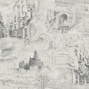May include: A grayscale illustration featuring architectural sketches and map elements. The design includes drawings of buildings, staircases, and text such as "Hogwarts" and "Diagon Alley." The overall theme is reminiscent of a fantasy world.