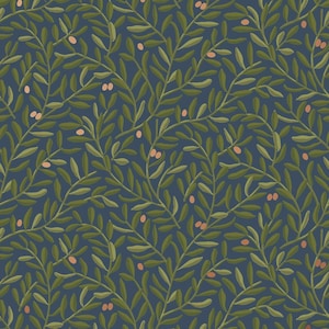 May include: A repeating pattern of olive branches with green leaves and small, pinkish-orange berries against a dark blue background. The design features a stylized, hand-drawn aesthetic, creating a natural and organic feel. This pattern is suitable for fabric, wallpaper, or other decorative applications.