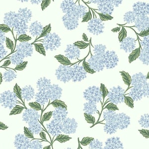 May include: A seamless pattern featuring delicate blue hydrangea flowers with green leaves on a white background.