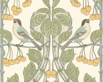 May include: A vintage illustration of two birds perched on branches of a cherry tree. The birds are blue-grey with brown accents and are singing. The branches are adorned with yellow cherries and green leaves. The background is a light cream color.