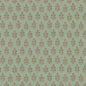 May include: A repeating pattern of stylized floral bouquets on a light green background. Each bouquet features pink flowers and green leaves. The fabric has a slightly textured appearance, creating a vintage aesthetic.