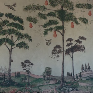 May include: A hand-painted wallpaper mural depicting a stylized landscape with trees, birds, and fruit. The wallpaper features a light beige background with green, brown, and red accents.