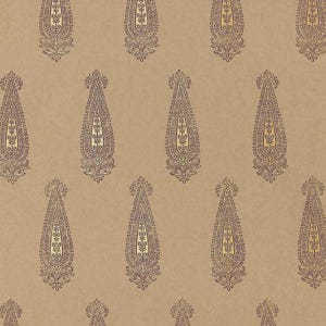 May include: A repeating pattern of paisley designs in a muted gold and purple color scheme. The paisley shapes are teardrop-shaped with intricate floral and scrollwork details, set against a tan background. The design is symmetrical and evenly spaced.