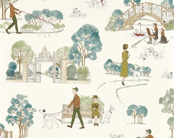 May include: A repeating pattern featuring a park scene with people, trees, and Dalmatian dogs. The illustration has a vintage aesthetic with soft colors, including green, blue, and beige. People are walking dogs, sitting on benches, and enjoying the park.
